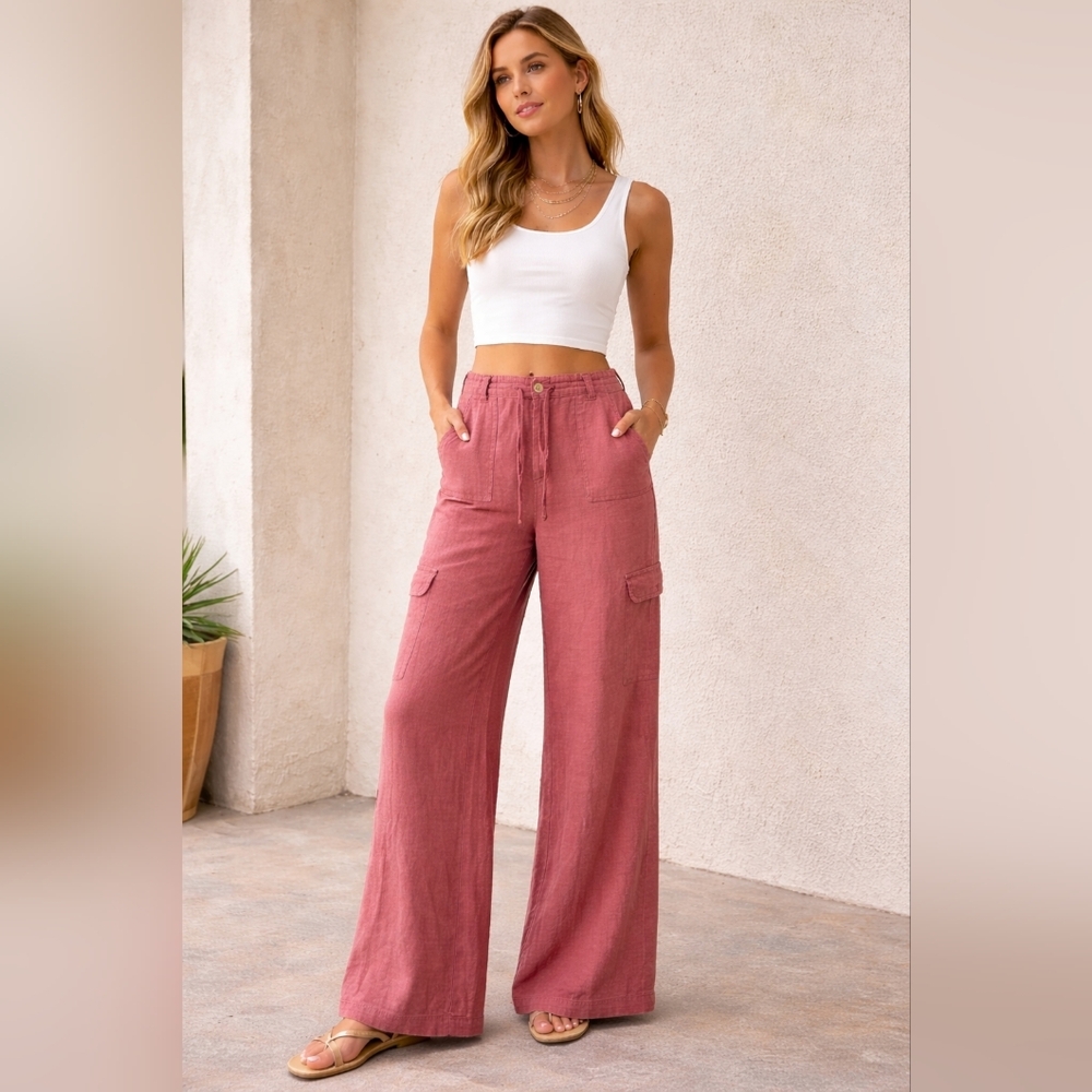 Sincerely Jules Pink Linen Blend Wide Leg Cargo Pants Size XL NWT
